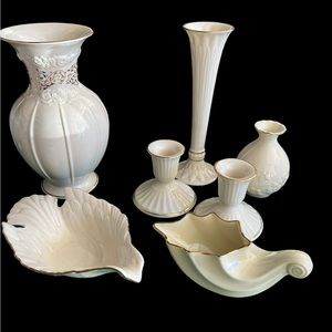 Set of Lenox vases candle holders and dishes